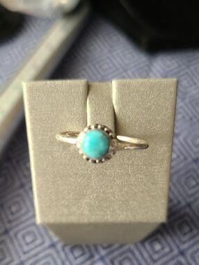 Turquoise Cabochon Sterling-Style Ring Set in a Beaded Bezel